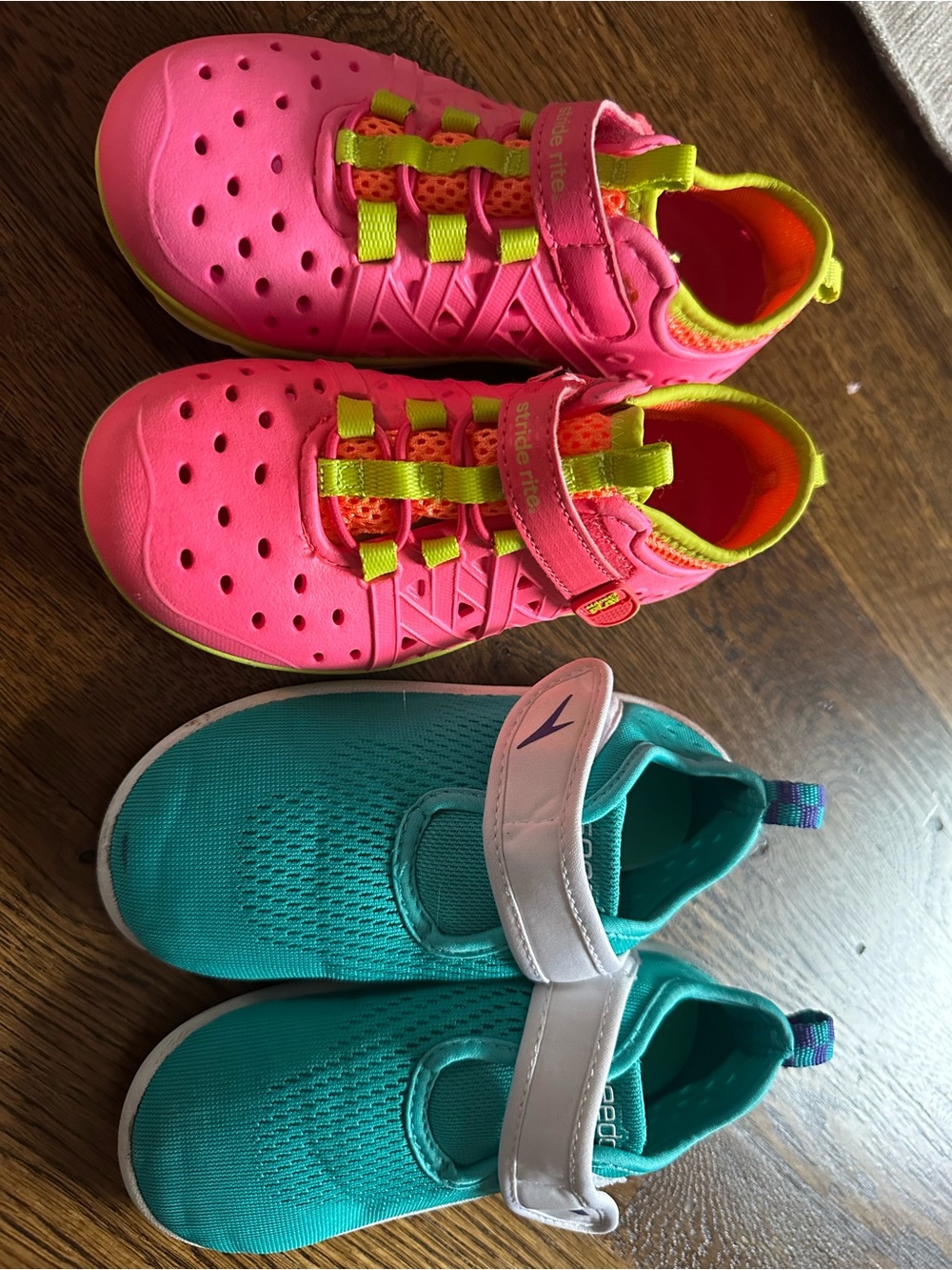 Stride Rite Bright Pink Sneakers with Lime Accents & Teal Slip-On Pair
